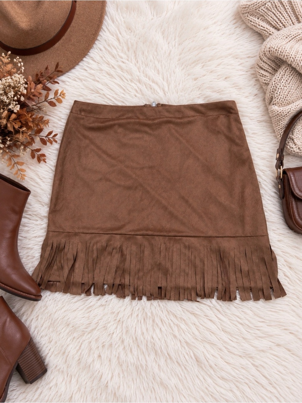 Fringe Hem Faux Suede Mini Skirt - Brown